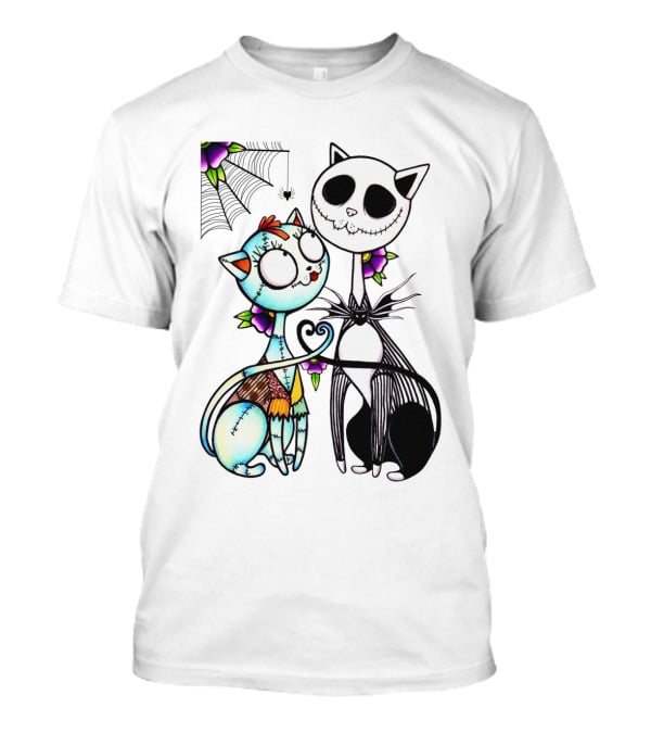 Cat Version Of Jack Skellington And Sally With Spider Web And Flowers T-Shirt