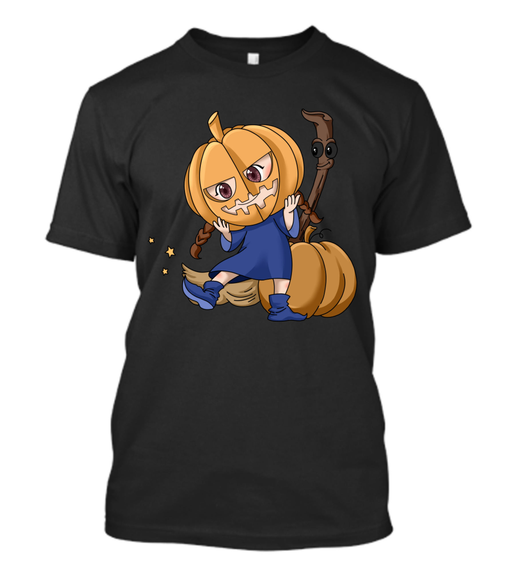 Halloween Cartoon Witch Girl With Pumpkin Head And Broomstick In Blue Dress T-Shirt