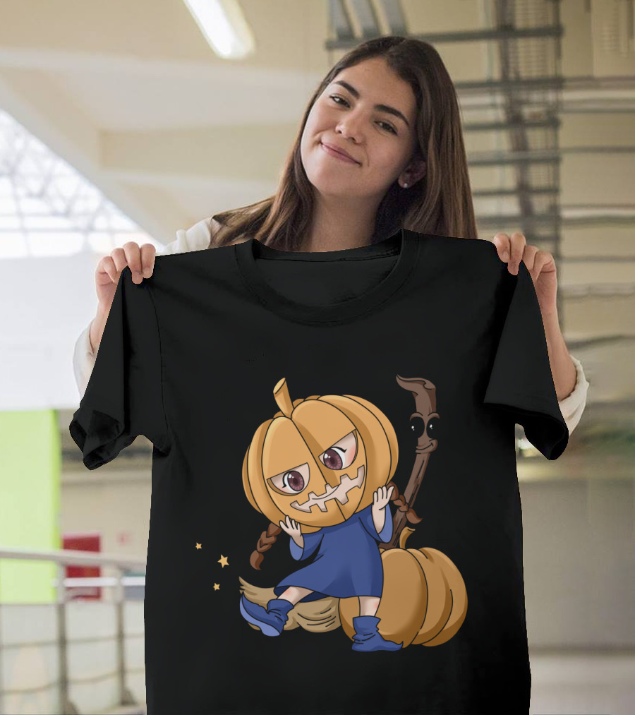 Halloween Cartoon Witch Girl With Pumpkin Head And Broomstick In Blue Dress T-Shirt