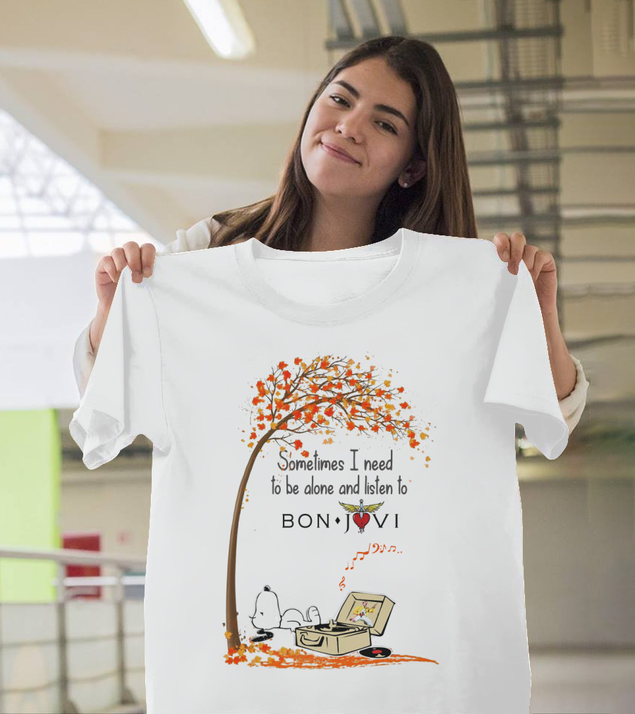Snoopy Relaxing Under Autumn Tree Listening to Bon Jovi Vinyl Record T-Shirt