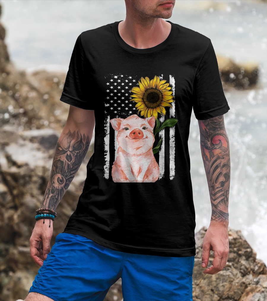 American Flag Sunflower Pig Vintage T-Shirt