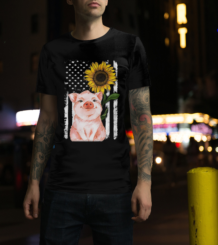 American Flag Sunflower Pig Vintage T-Shirt
