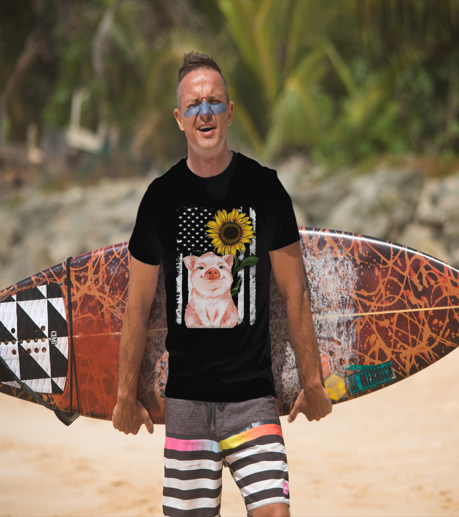 American Flag Sunflower Pig Vintage T-Shirt