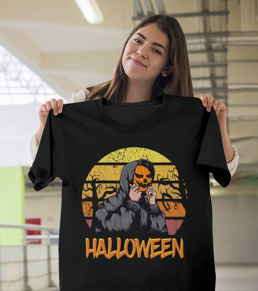Halloween Hooded Figure with Pumpkin Mask and Sunset Stripes T-Shirt