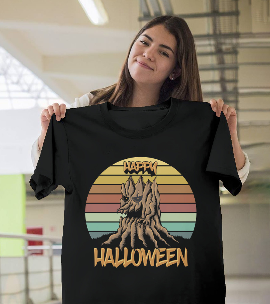 Happy Halloween Retro Wood Tree Vintage Stripes T-Shirt