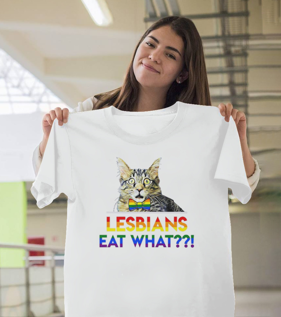 Lesbians Eat What Rainbow Cat Bowtie T-Shirt