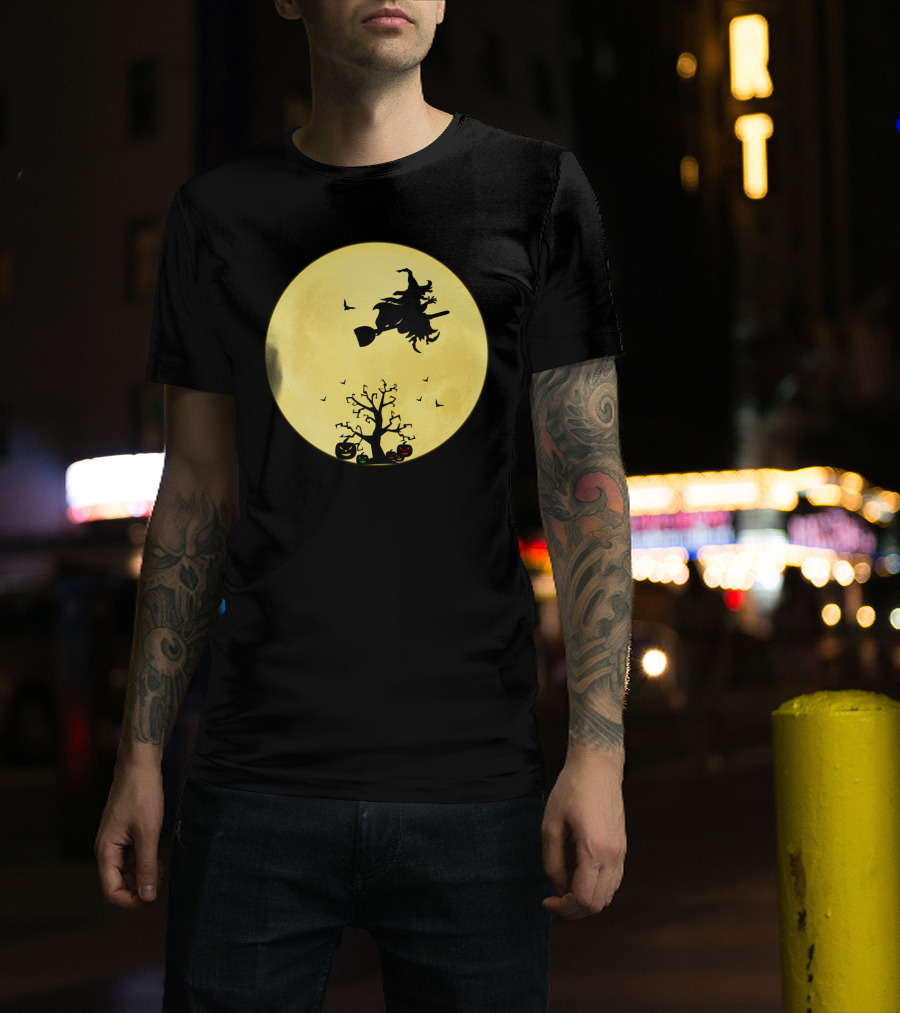 Halloween Witch Flying On Broomstick Over Full Moon With Jack-O'-Lanterns T-Shirt