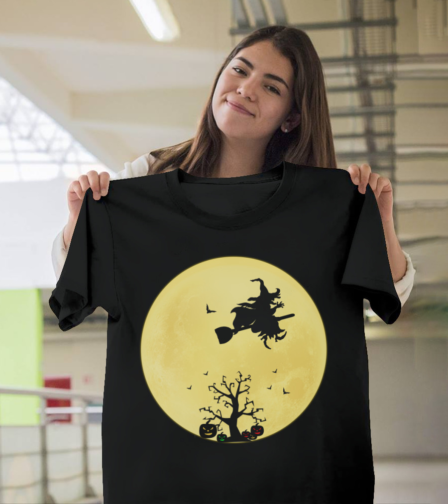 Halloween Witch Flying on Broomstick Over Full Moon with Jack-O'-Lanterns T-Shirt