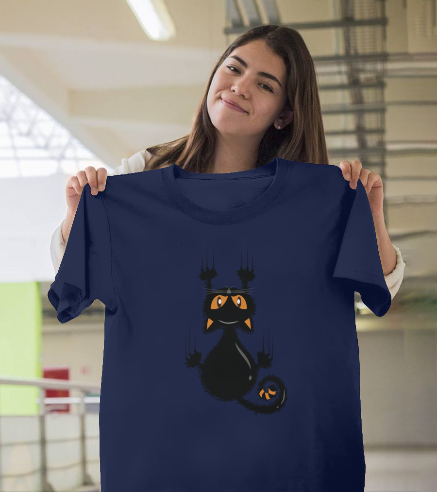 Cartoon Cute Halloween Black Cat With Orange Eyes And Scratching Claws T-Shirt