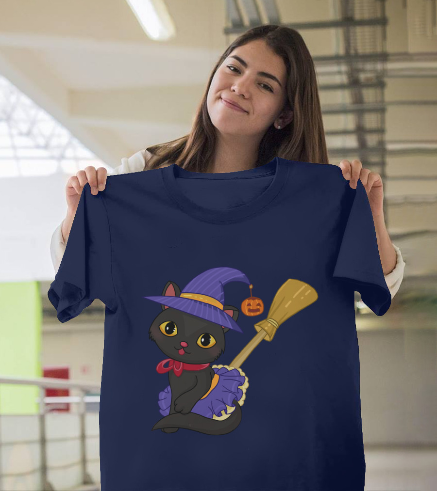Halloween Black Cat In Witch Hat With Broom And Pumpkin Charm T-Shirt