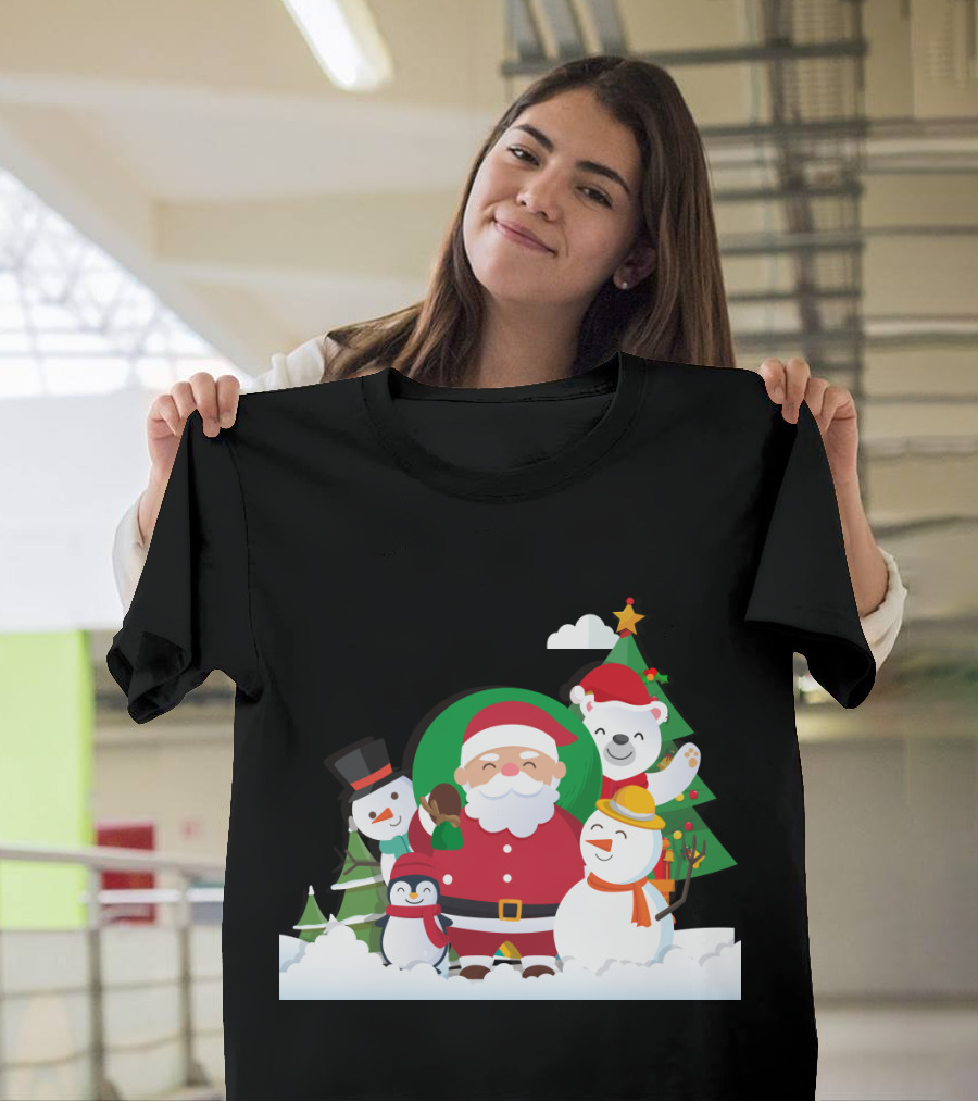 Christmas With Santa Claus Snowman Penguin Polar Bear Festive Scene T-Shirt