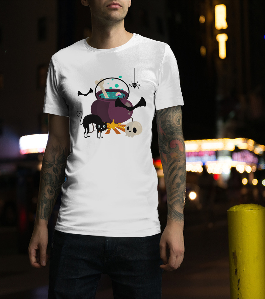 Halloween Black Cat Bat Spider Skull And Magic Potion Cauldron T-Shirt