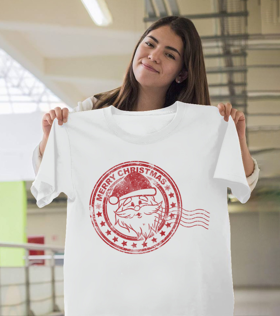 Merry Christmas Santa Claus Postmark Seal With Stars And Hat T-Shirt