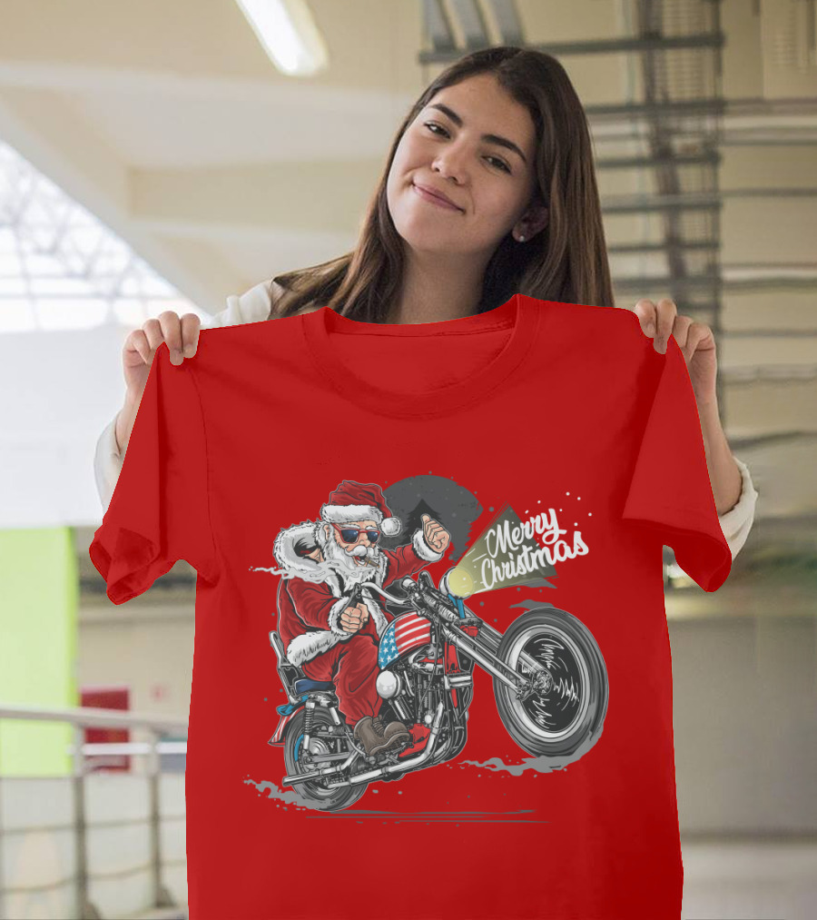 Merry Christmas Santa Claus Motorcycle USA America T-Shirt