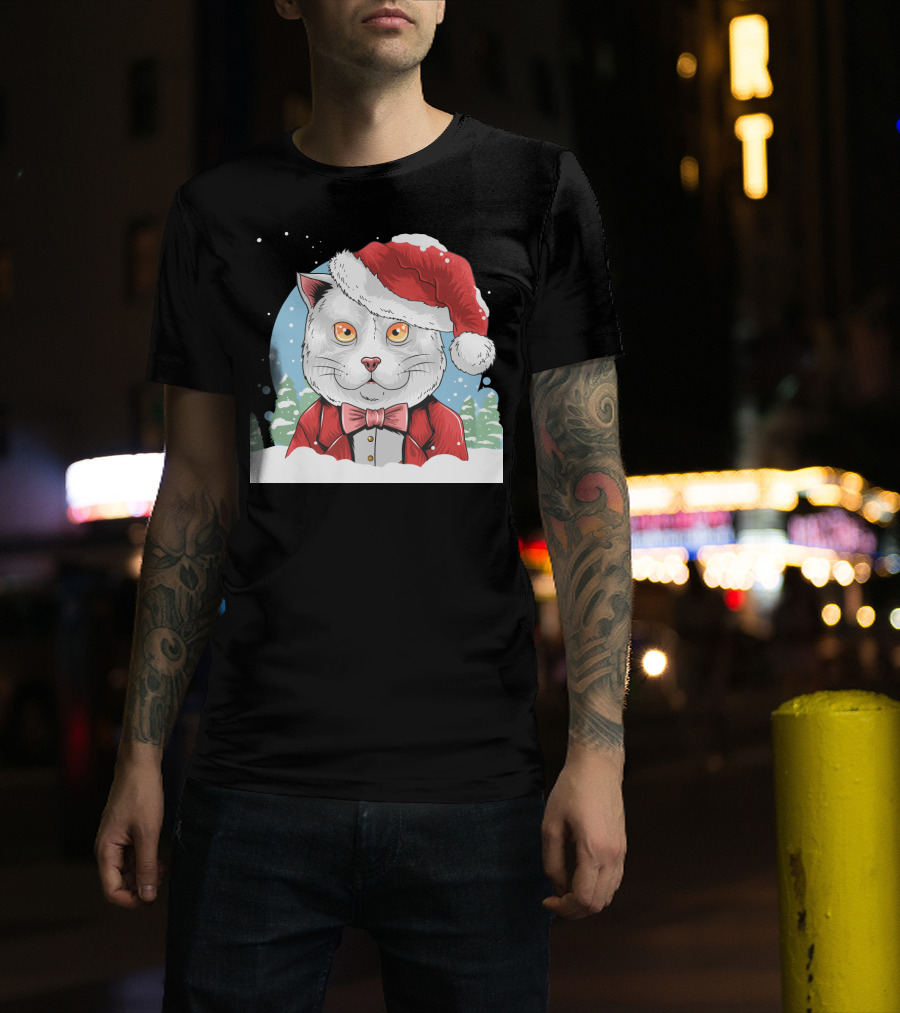 Santa Claus Cat In Winter Wonderland Christmas Scene T-Shirt