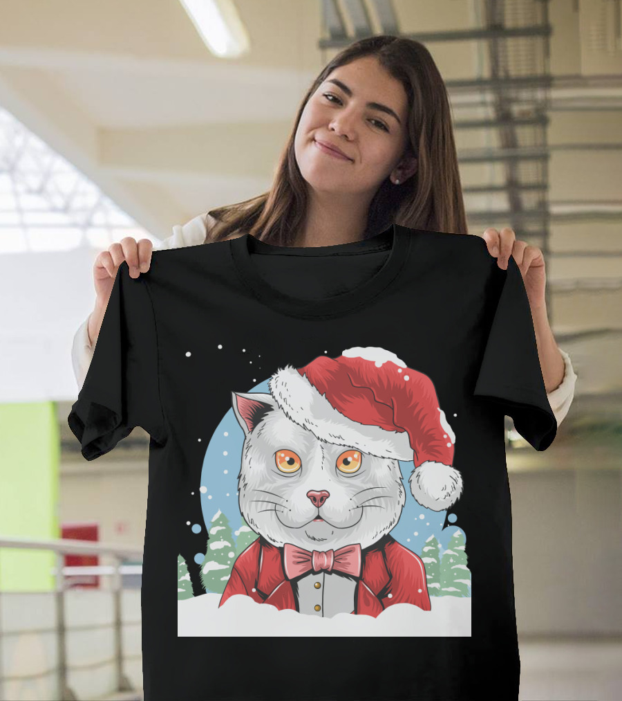 Santa Claus Cat in Winter Wonderland Christmas Scene T-Shirt