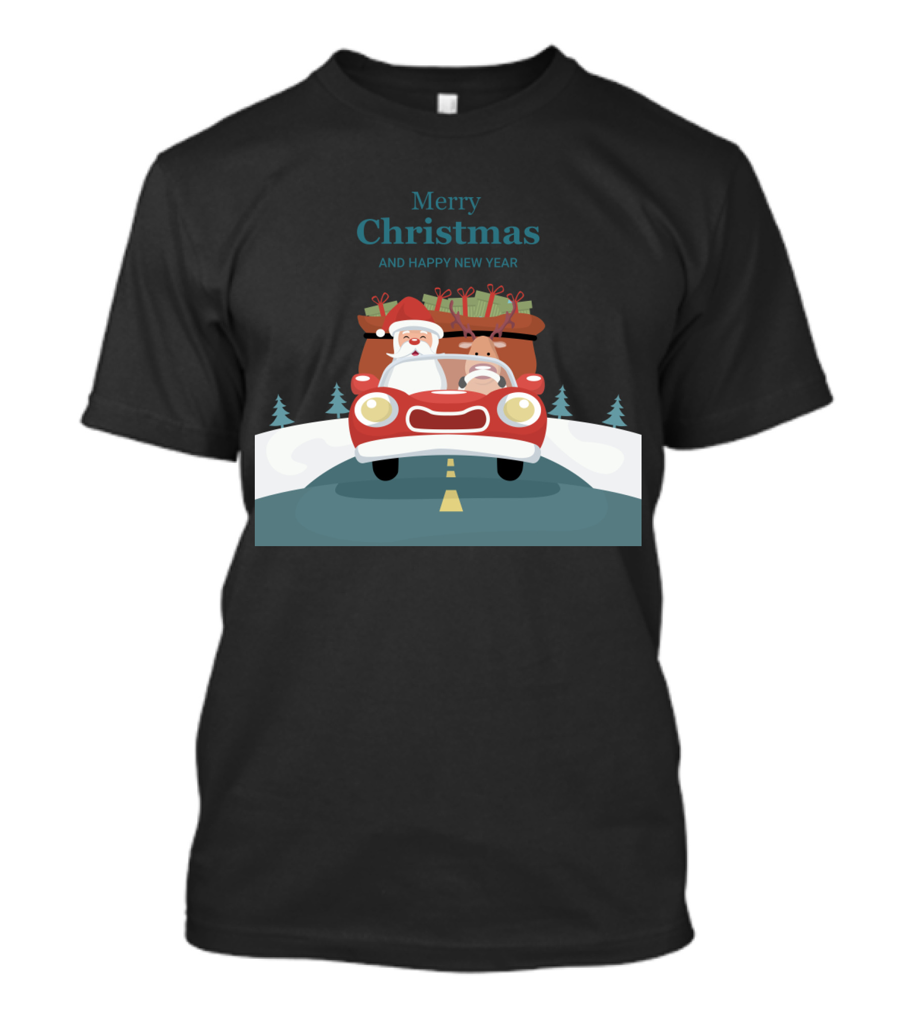 Merry Christmas And Happy New Year Reindeer Drives Car With Santa Claus T-Shirt