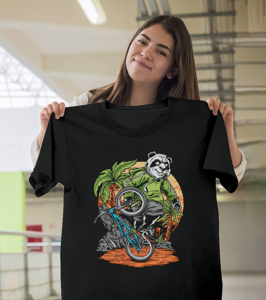 Panda Performs Bicycle Stunt In Tropical Setting T-Shirt