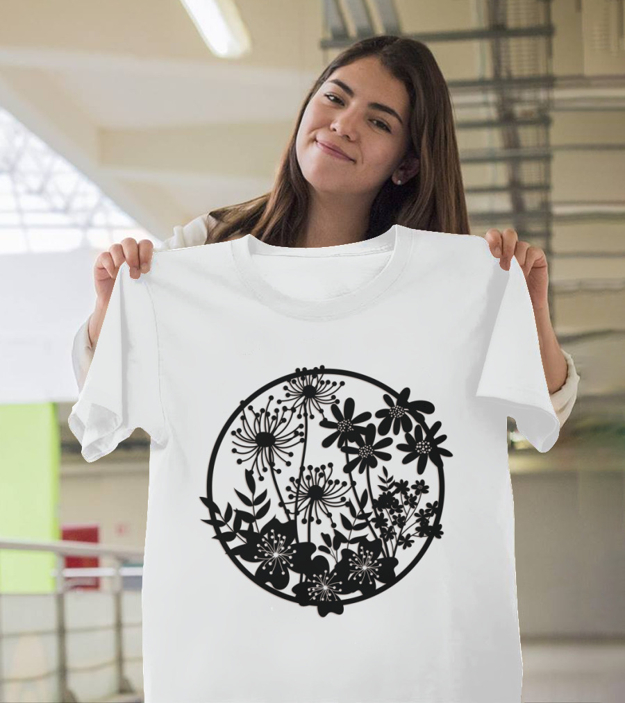 Flower Fresh Three Dimensional Silhouette Blossom Mandala T-Shirt