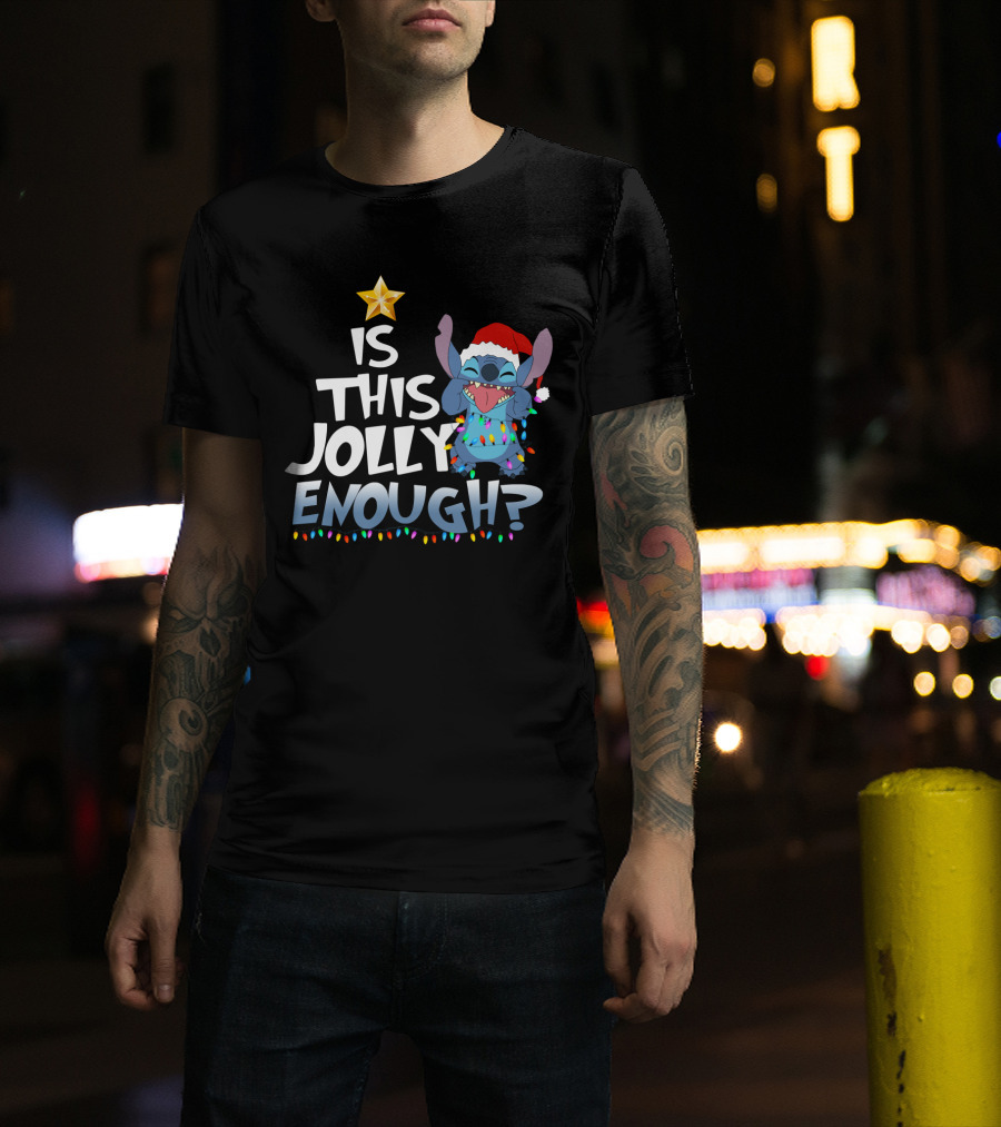 Is This Jolly Enough Stitch Christmas Lights Santa Hat T-Shirt