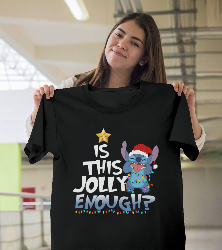 Is This Jolly Enough Stitch Christmas Lights Santa Hat T-Shirt