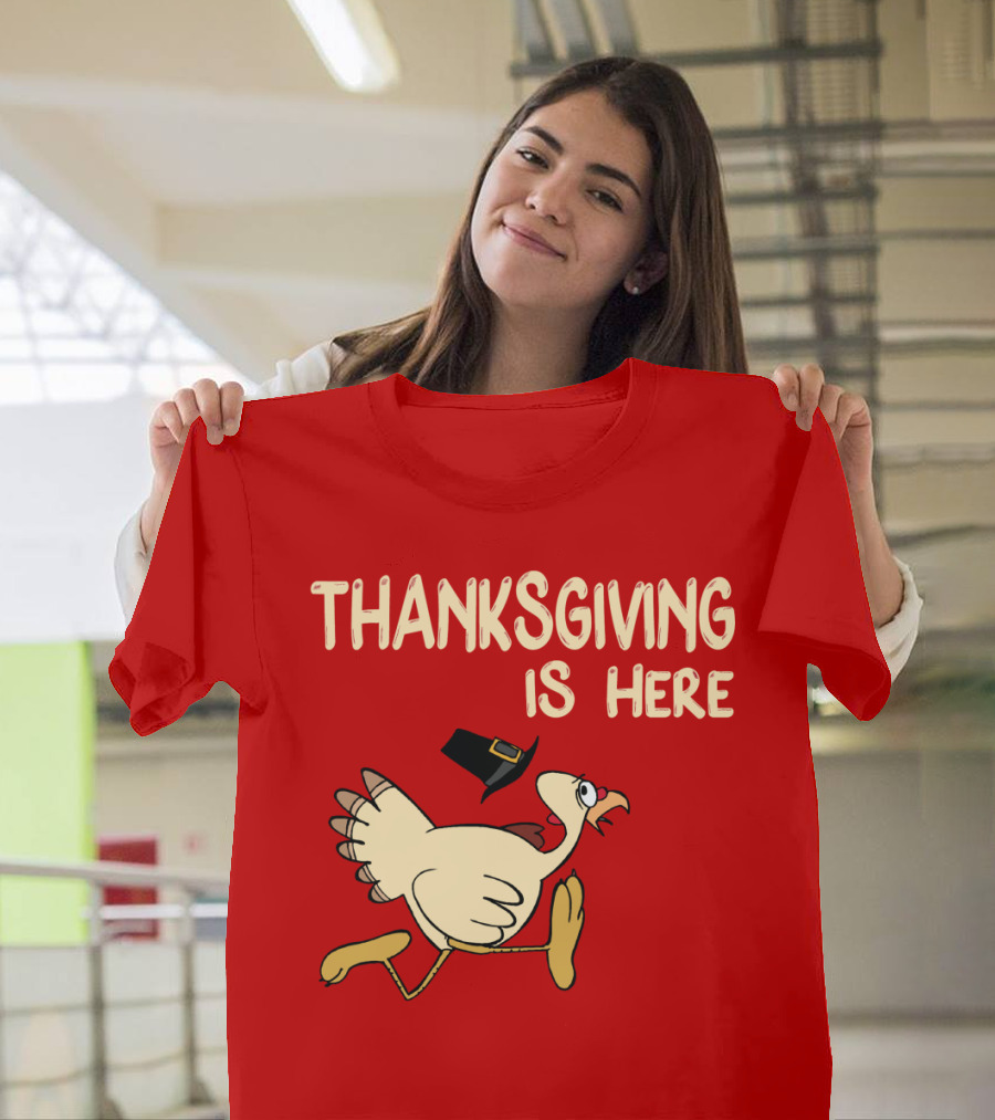 Thanksgiving is Here Turkey with Pilgrim Hat on Red T-Shirt
