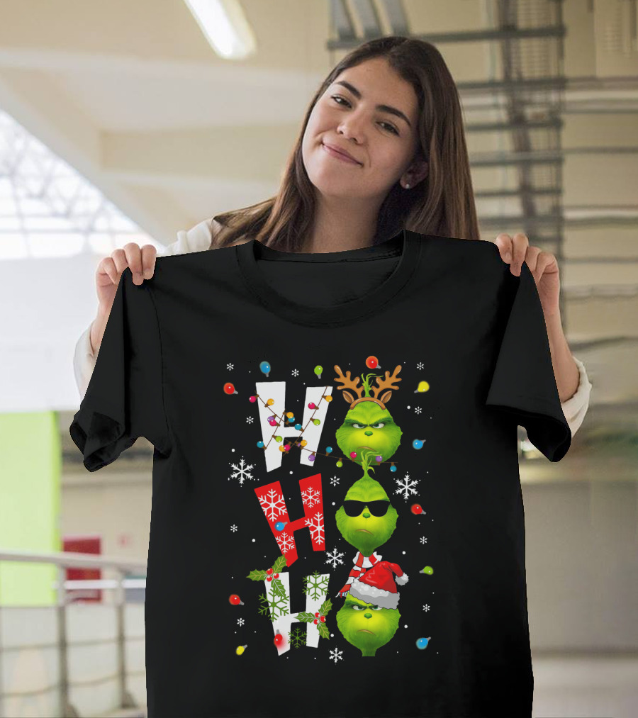 Ho Ho Ho Grinch Christmas Lights Antlers Hat Sunglasses Snowflakes T-Shirt