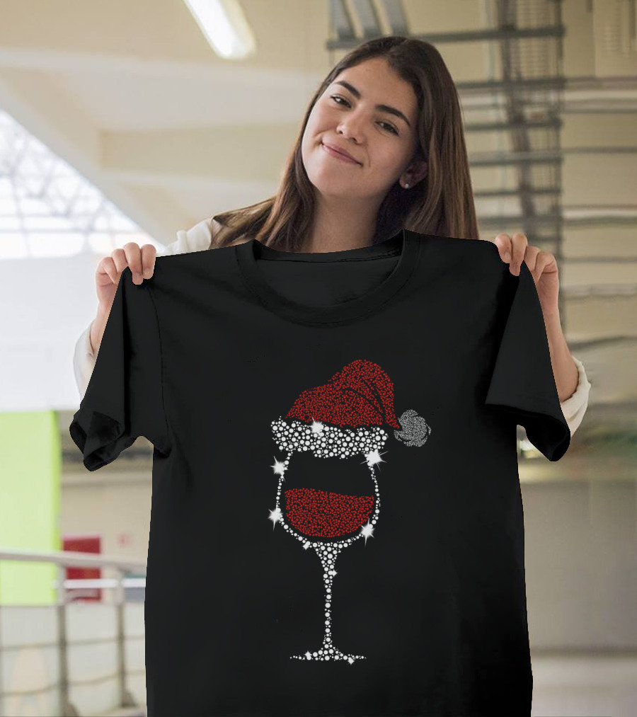 Glitter Christmas Santa Hat Wine Glass T-Shirt