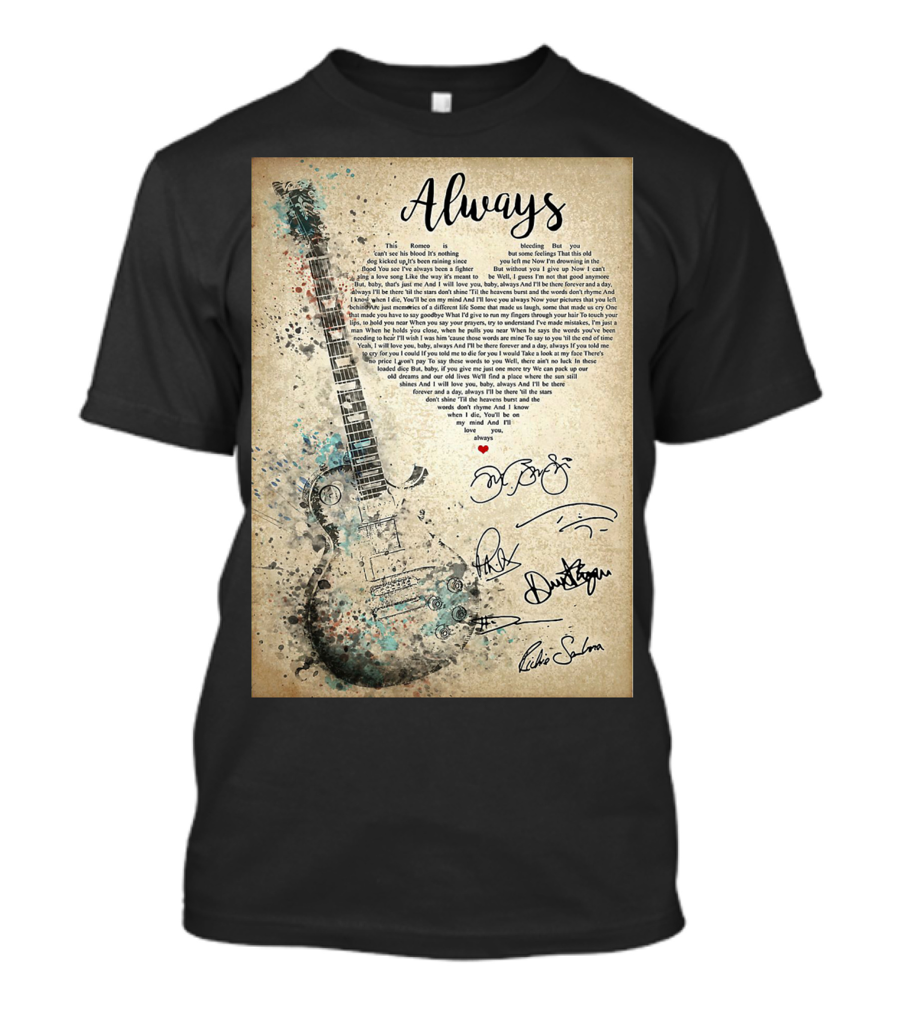 Always Bon Jovi Song Lyrics Guitar Art With Band Signatures T-Shirt