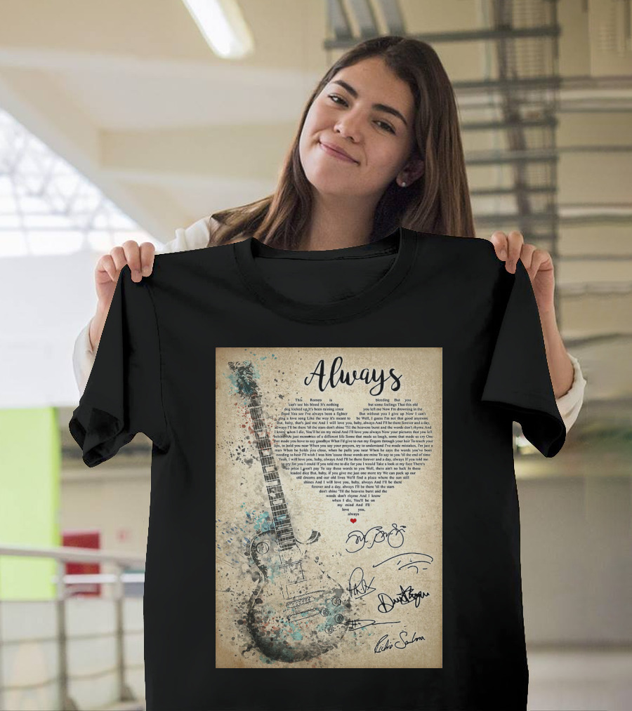 Always Bon Jovi Song Lyrics Guitar Art with Band Signatures T-Shirt