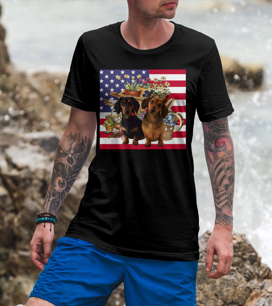 Daschund Flower Garden American Flag Backdrop Face Mask T-Shirt