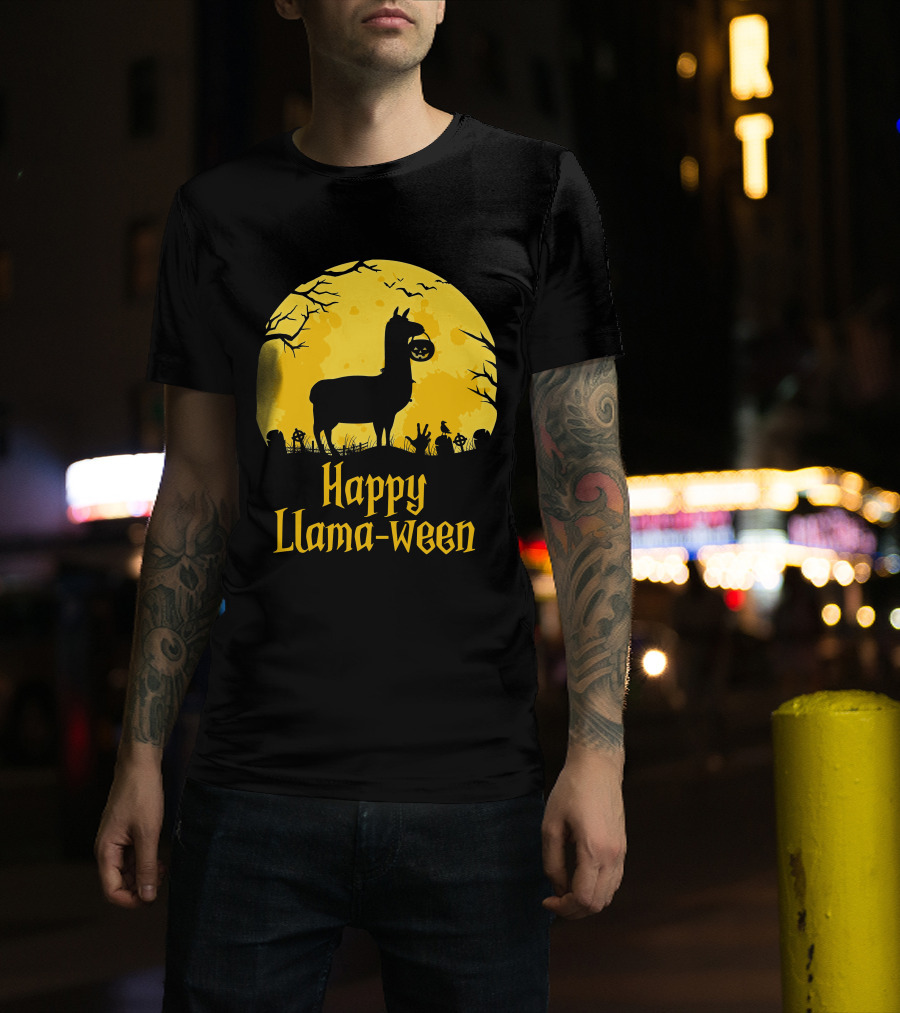 Happy Llamaween Llama Holding Pumpkin Silhouette In Spooky Halloween Scene T-Shirt