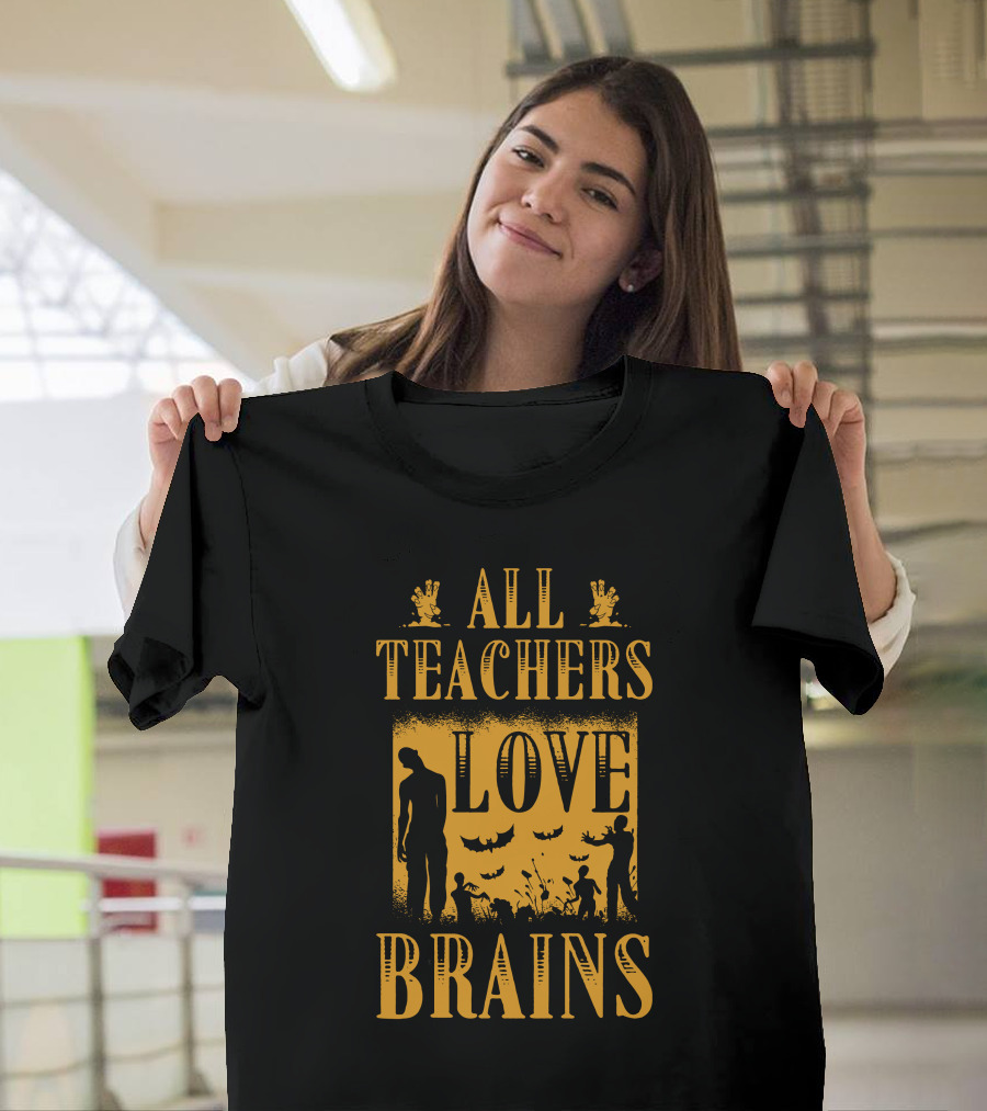 All Teachers Love Brains Zombie Silhouette Bats And Graveyard T-Shirt