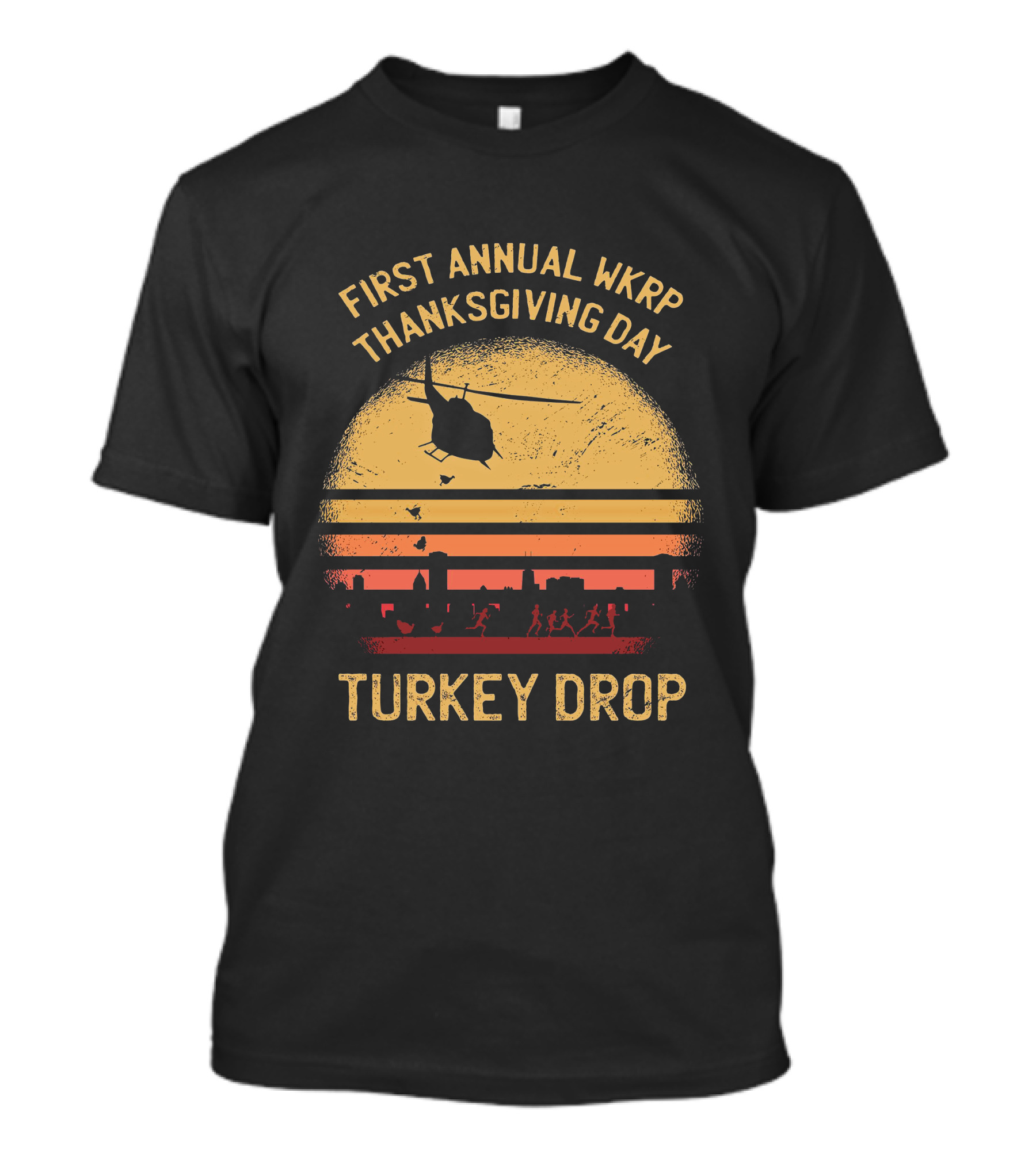 First Annual WKRP Thanksgiving Day Turkey Drop Helicopter Silhouette Vintage Sunset Scene T-Shirt