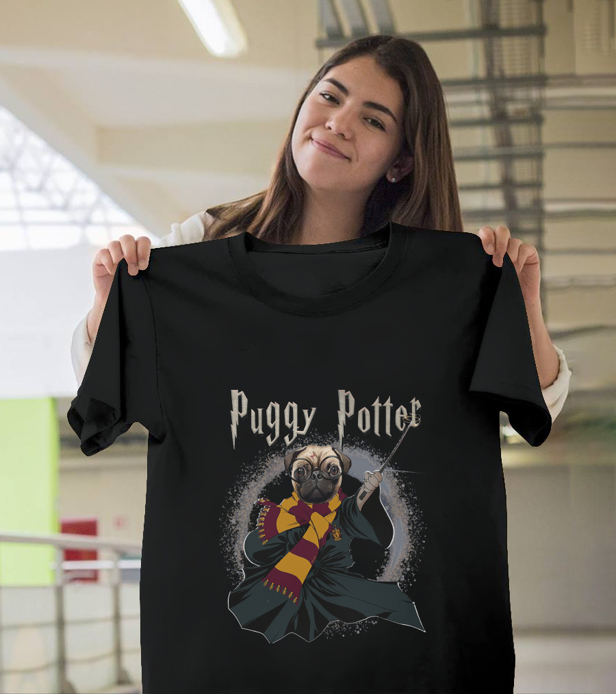 Puggy Potter Magic Wizard With Scarf And Wand T-Shirt