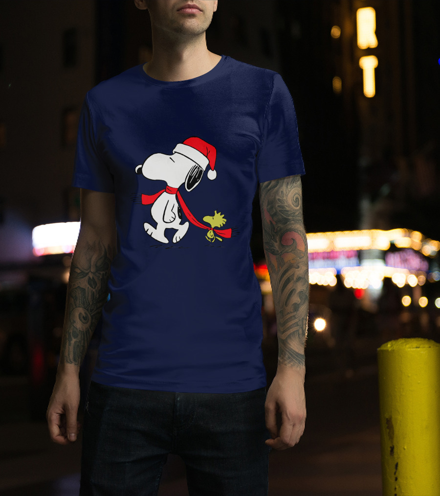 Snoopy Santa Hat And Woodstock Christmas Peanuts Scarf T-Shirt