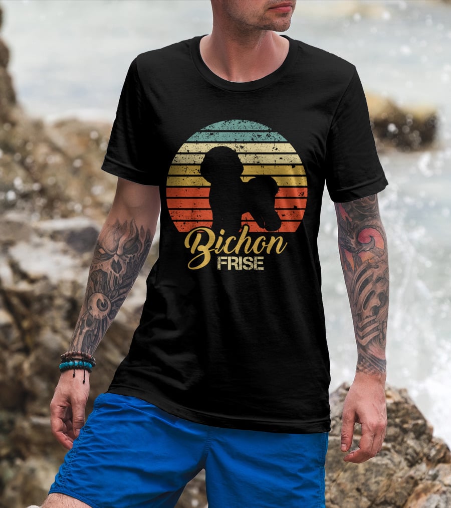 Retro Sunset Silhouette Bichon Frise Stripes T-Shirt