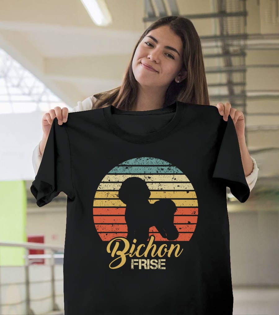 Retro Sunset Silhouette Bichon Frise Stripes T-Shirt