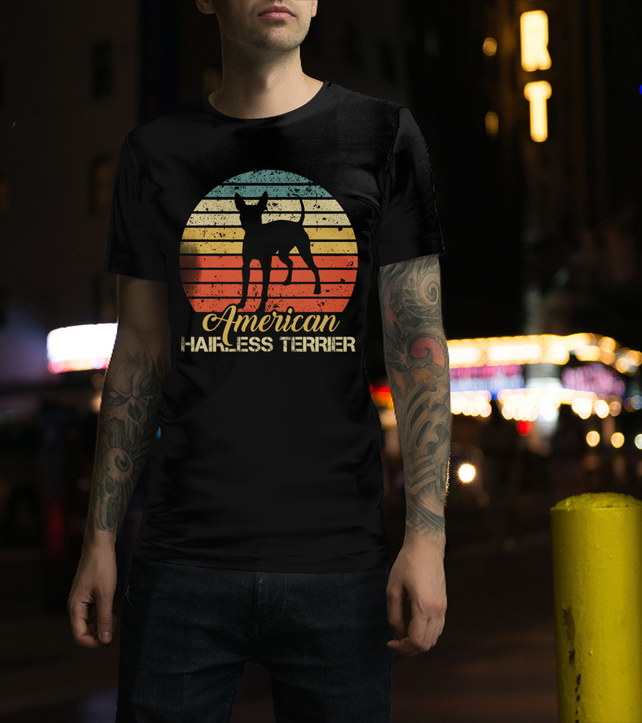 Retro Vintage American Hairless Terrier With Striped Sunset Background T-Shirt