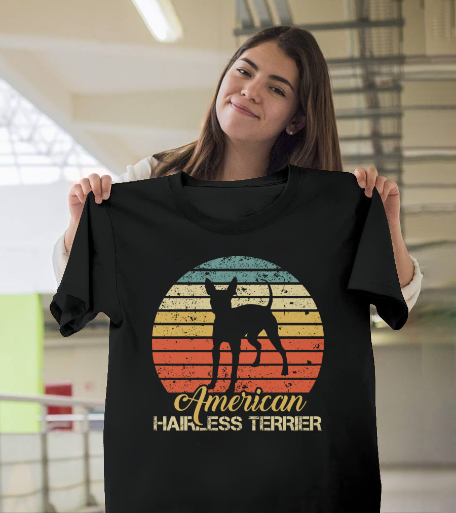 Retro Vintage American Hairless Terrier With Striped Sunset Background T-Shirt