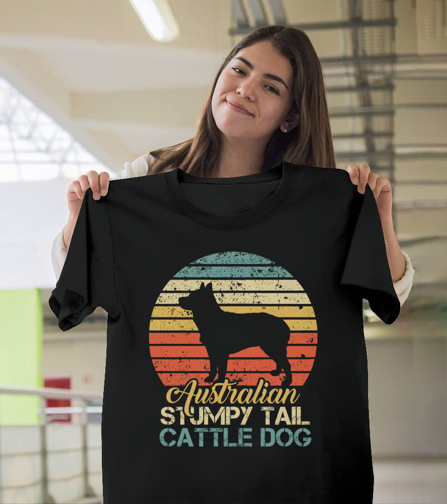 Vintage Retro Australian Stumpy Tail Cattle Dog Silhouette Sunset Stripes T-Shirt