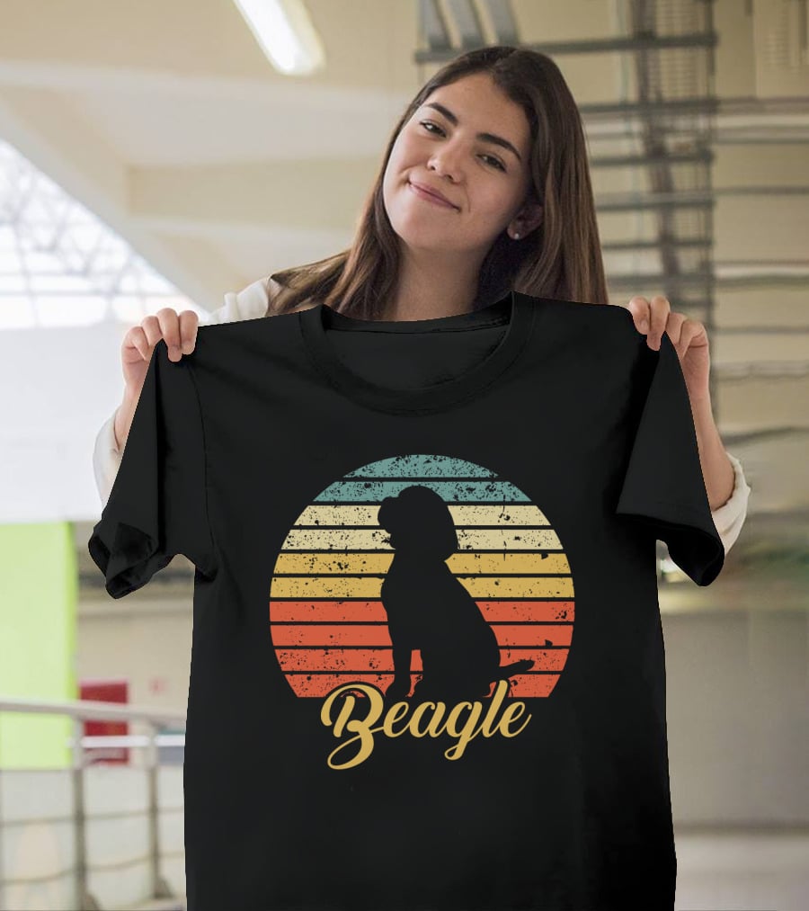 Vintage Beagle Silhouette With Retro Sunset Stripes T-Shirt