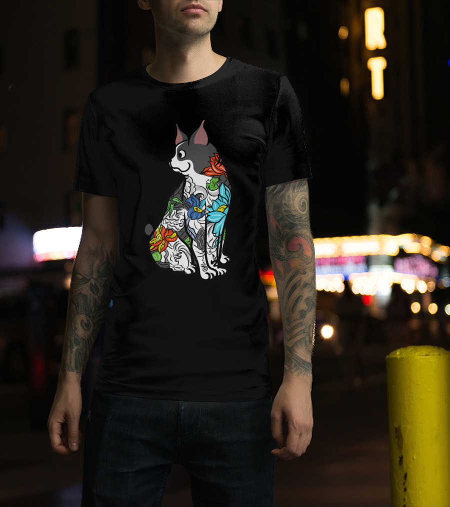 Boston Terrier With Colorful Floral Tattoo T-Shirt