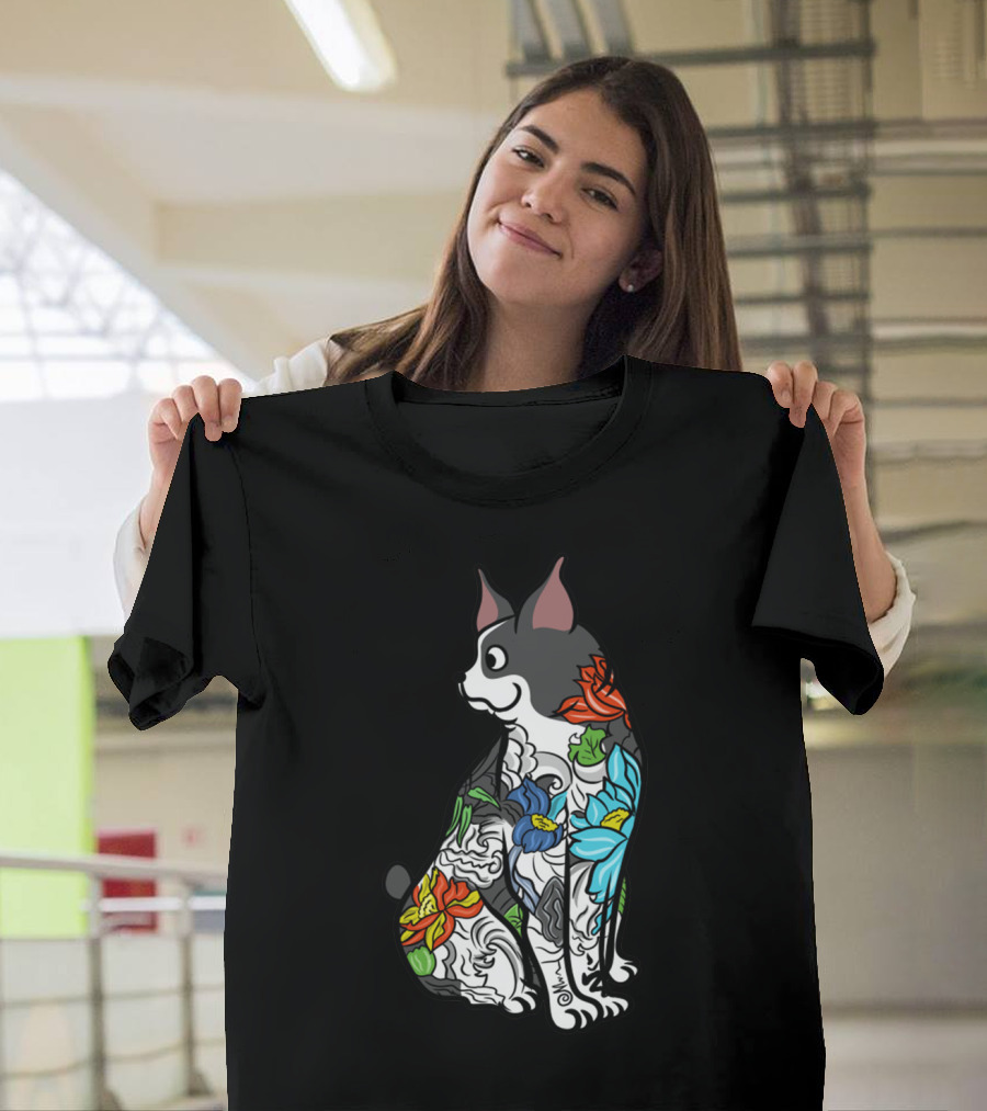Boston Terrier With Colorful Floral Tattoo T-Shirt