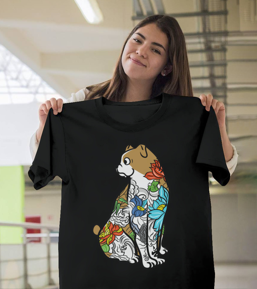 Bulldog Tattoo Floral Pattern Colorful T-Shirt