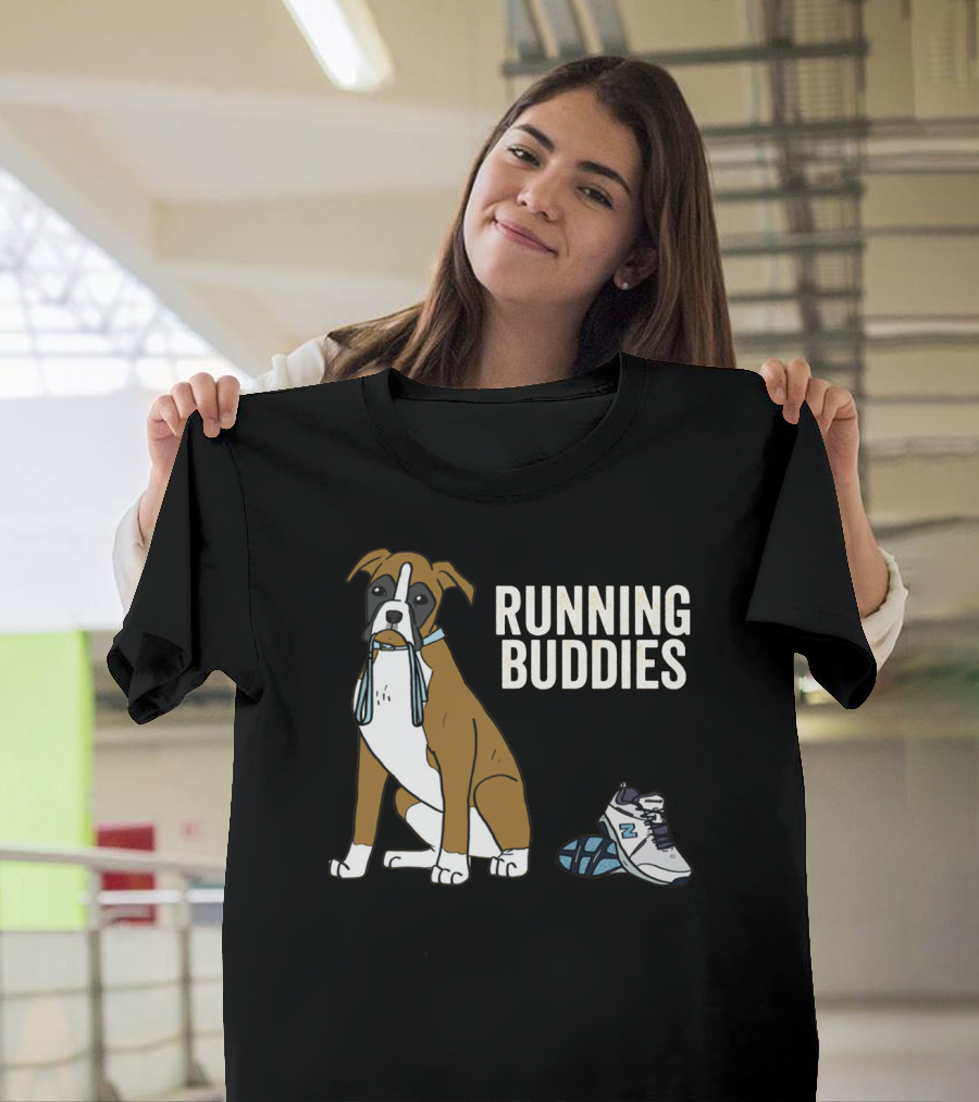 Boxer With Shoe And Running Buddies Text T-Shirt