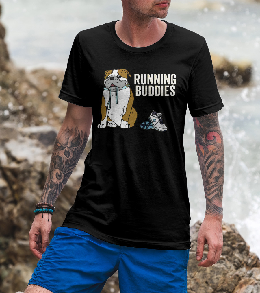 Bulldog And Sneakers Running Buddies With Leash And Shoe Companion T-Shirt