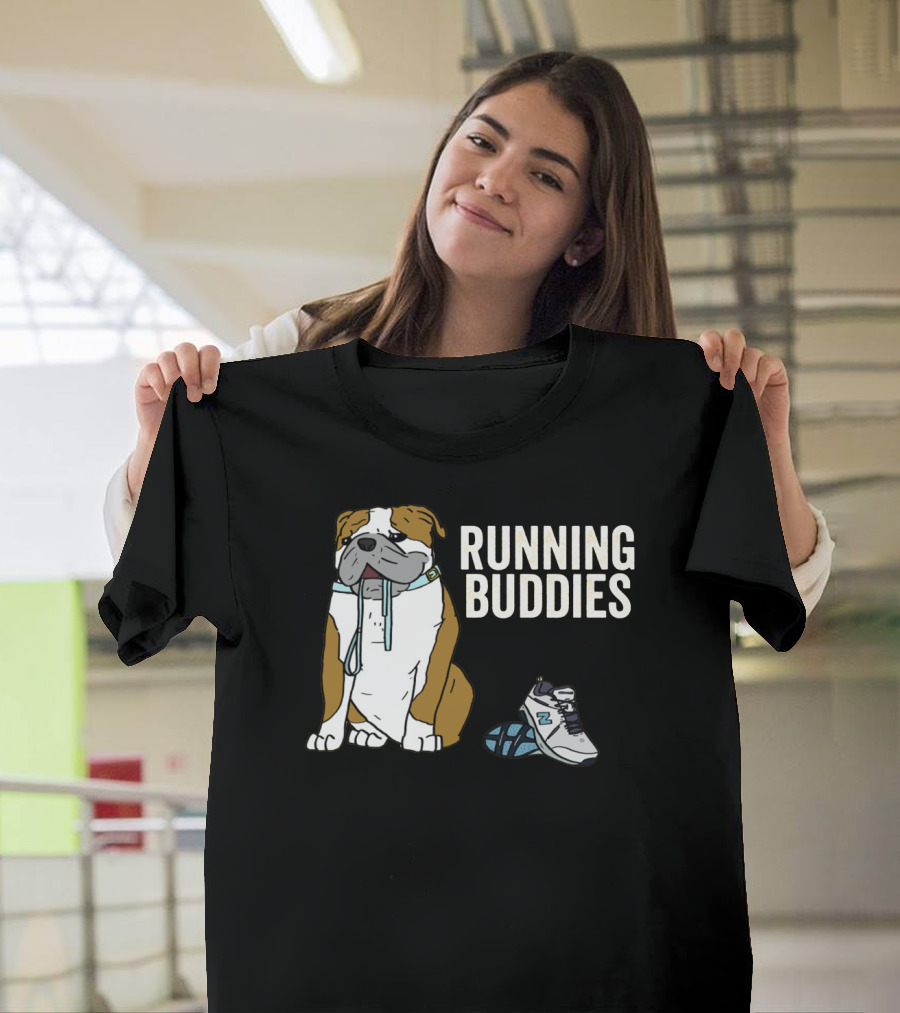 Bulldog And Sneakers Running Buddies With Leash And Shoe Companion T-Shirt