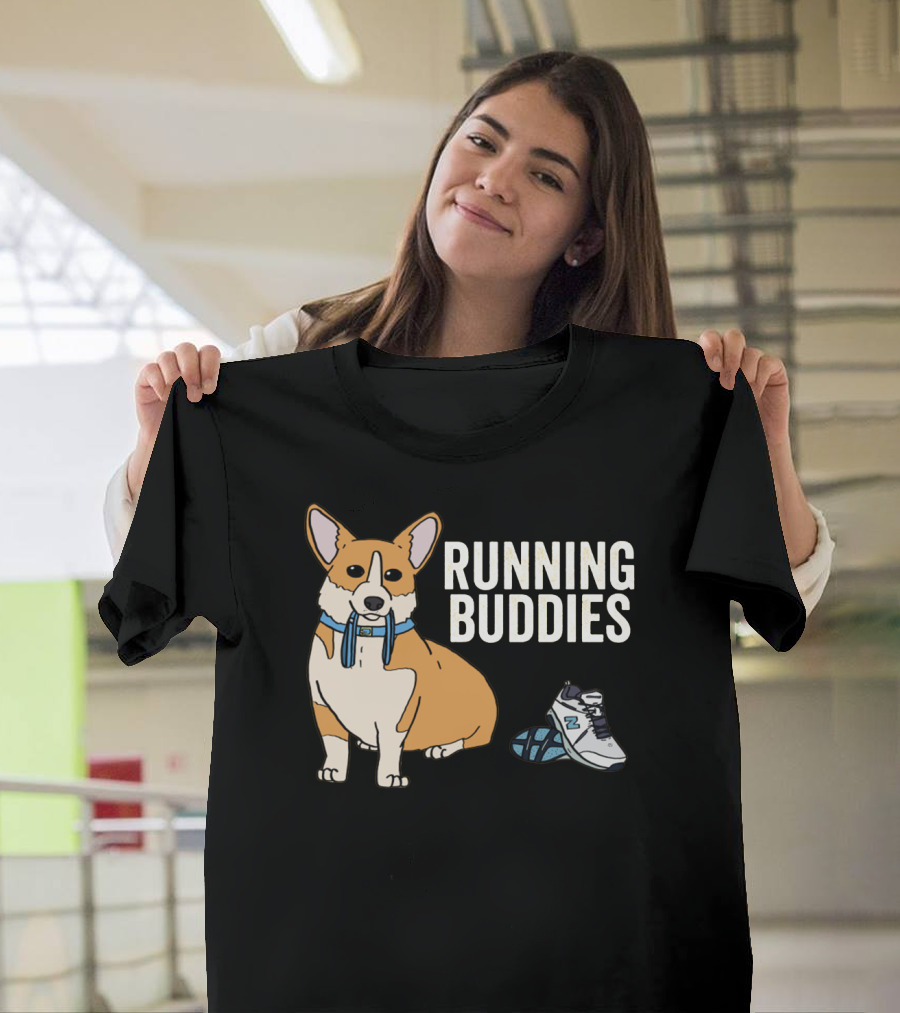 Corgi Running Buddies With Sneakers And Blue Collar T-Shirt
