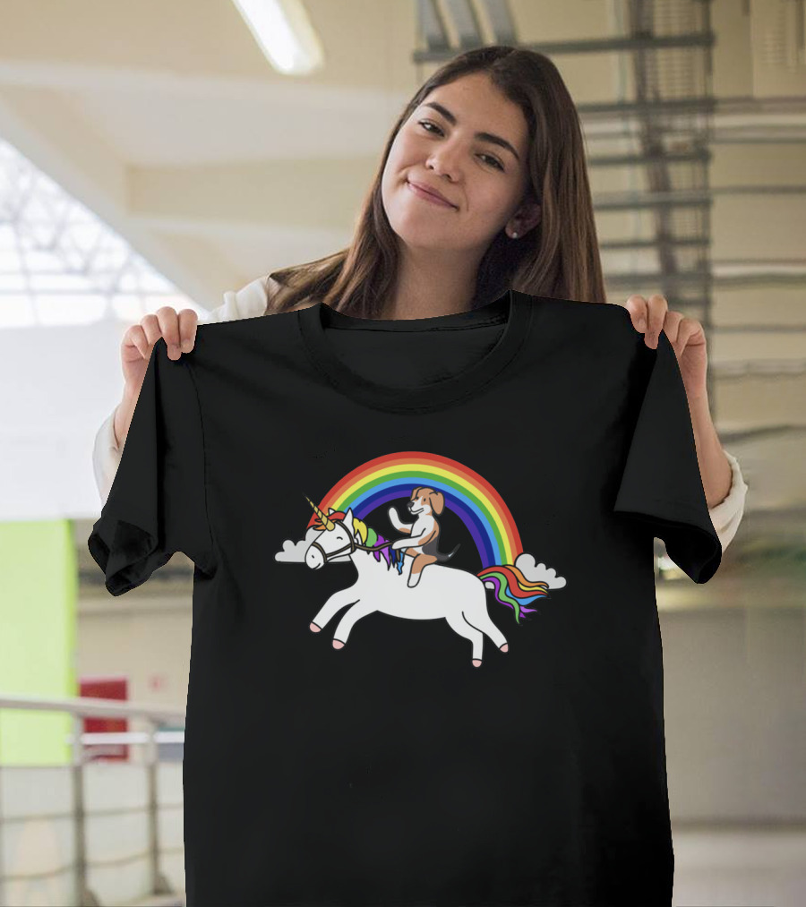 Beagle Riding Unicorn Under Rainbow With Clouds T-Shirt